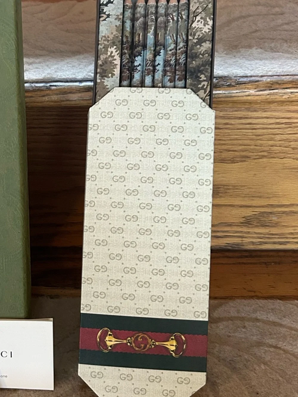 Gucci Green Box with Patterned Pencil Tin and Decorative Pencils